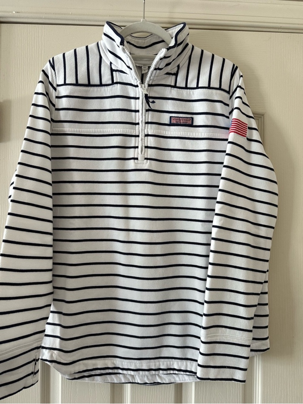Vineyard Vines White and Navy Striped Quarter-Zip Pullover